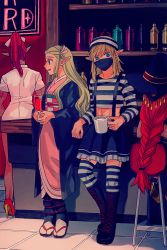 Rule 34 | 1boy, 3girls, alternate costume, bandana, bar (place), black footwear, blonde hair, blouse, blue eyes, blue footwear, blue skirt, boots, bottle, braid, braided ponytail, checkered sash, covered mouth, crop top, cross-laced footwear, crossdressing, cup, dark-skinned female, dark skin, dress, drink, drinking glass, frilled skirt, frills, from behind, gerudo, hair ribbon, hair tie, happy, hat, high heels, holding, holding cup, holding drinking glass, indoors, japanese clothes, kimono, knee boots, kneepits, link, long hair, long sleeves, looking at another, looking to the side, midriff, miniskirt, multiple girls, navel, nintendo, nurse, nurse cap, obi, on chair, open mouth, own hands together, pink kimono, pink ribbon, pleated skirt, pointy ears, ponytail, princess zelda, profile, red footwear, red hair, ribbon, sandals, sash, shijima (4jima), shirt, shoes, short dress, short hair, short sleeves, sidelocks, single braid, sitting, skirt, smile, socks, standing, striped clothes, striped headwear, striped legwear, striped shirt, striped thighhighs, suspenders, tabi, the legend of zelda, the legend of zelda: breath of the wild, thighhighs, white dress, white headwear, white legwear, wide sleeves, witch hat, zettai ryouiki