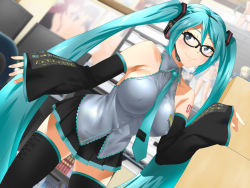 Rule 34 | 1girl, bare shoulders, black-framed eyewear, black skirt, blue eyes, blush, breasts, closed mouth, clownculture, computer, cosplay, detached collar, covered erect nipples, glasses, green hair, hand up, hatsune miku, hatsune miku (cosplay), headphones, highres, indoors, large breasts, legs, long hair, looking at viewer, microphone, monitor, skirt, solo, standing, tattoo, thighhighs, thighs, twintails, very long hair, vocaloid, wide sleeves, zettai ryouiki