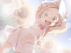 Rule 34 | 1girl, armpits, arms up, belly, blue sky, blush, bow, bowtie, brown eyes, child, collar, commentary request, dot nose, dress, flower, forehead, frilled collar, frills, hair ornament, hairclip, ham (points), idolmaster, idolmaster cinderella girls, looking at viewer, nose blush, open mouth, orange hair, outdoors, red bow, red bowtie, ryuzaki kaoru, short hair, sky, sleeveless, sleeveless dress, smile, solo, sunflower, sunlight, teeth, thighs, upper teeth only, white dress, white headwear
