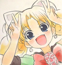 Rule 34 | 1girl, :d, animal ears, bad id, bad pixiv id, blonde hair, blue eyes, blush, cat ears, double v, earrings, fang, highres, jewelpet (series), jewelpet twinkle, jewelry, long hair, looking at viewer, miria marigold mackenzie, nyama, open mouth, smile, solo, v