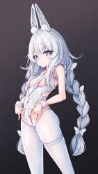 Rule 34 | + +, 1girl, animal ear fluff, animal ears, azur lane, bare shoulders, blue eyes, braid, breast curtains, breastless clothes, breasts, butterfly hair ornament, closed mouth, crotchless, crotchless pantyhose, dark background, fake animal ears, feet out of frame, gradient background, hair ornament, hairband, highres, le malin (azur lane), le malin (listless lapin) (azur lane), leotard, long hair, looking at viewer, official alternate costume, pantyhose, playboy bunny, rabbit ears, silver hair, small breasts, solo, standing, thigh strap, twin braids, wakaba (945599620), white hairband, white leotard, white pantyhose, wrist cuffs