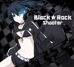 Rule 34 | 10s, 1girl, bikini, bikini top only, black bikini, black hair, black rock shooter, black rock shooter (character), blue eyes, breasts, chain, checkered background, coat, front-tie top, glowing, glowing eye, groin, highres, long hair, midriff, nemu (nebusokugimi), shorts, solo, swimsuit, twintails