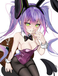 Rule 34 | 1girl, absurdres, alternate costume, animal ears, ayeon, blush, breasts, cleavage, demon tail, detached collar, ear piercing, fake animal ears, green eyes, hair ornament, hairclip, highres, hololive, leotard, long hair, looking at viewer, multicolored hair, nail polish, open mouth, pantyhose, piercing, pink hair, playboy bunny, purple hair, rabbit ears, smile, solo, tail, tokoyami towa, twintails, virtual youtuber, wrist cuffs