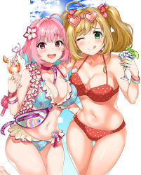 Rule 34 | 2girls, :d, ;q, ahoge, bare shoulders, between breasts, bikini, blue hair, blush, bracelet, breasts, brown hair, choker, cleavage, cocktail glass, collarbone, cup, drinking glass, eyewear on head, fang, fanny pack, flower, gluteal fold, green eyes, hair flower, hair ornament, halterneck, heart, heart-shaped eyewear, heart hair ornament, highres, holding, holding cup, idolmaster, idolmaster cinderella girls, jewelry, large breasts, long hair, looking at viewer, multicolored hair, multiple girls, navel, one eye closed, open mouth, pink choker, pink eyes, pink hair, polka dot, polka dot bikini, red bikini, ring, sato shin, short hair, sirurabbit, smile, standing, stomach, sunglasses, swimsuit, thigh gap, tongue, tongue out, twintails, two-tone hair, yumemi riamu