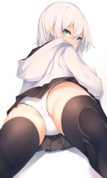 Rule 34 | 1girl, absurdres, ass, black skirt, black thighhighs, blue eyes, blush, from behind, hair ornament, hairclip, highres, hood, hoodie, long sleeves, looking at viewer, looking back, lying, on stomach, original, otokuyou, panties, pleated skirt, revision, ringo-chan (otokuyou), short hair, simple background, skirt, soles, solo, thighhighs, underwear, white background, white hair, white panties
