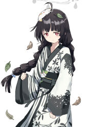 Rule 34 | 1girl, ahoge, black hair, blue archive, blunt bangs, halo, highres, japanese clothes, kimono, leaf, long hair, low twintails, mask, miyu (blue archive), morishin546, red eyes, sad, solo, standing, twintails, very long hair, white background, white kimono, yukata