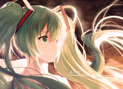 Rule 34 | 1girl, artist name, copyright name, glow (vocaloid), green eyes, green hair, hatsune miku, hews, long hair, matching hair/eyes, solo, tears, twintails, upper body, vocaloid