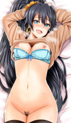 Rule 34 | 1girl, arms up, bad id, bad pixiv id, black hair, black thighhighs, blue bra, blue eyes, blush, bottomless, bra, bra pull, breasts, clothes lift, clothes pull, commentary request, earrings, fang, female pubic hair, ganaha hibiki, heavy breathing, idolmaster, idolmaster (classic), inu (marukome), jewelry, long hair, long sleeves, looking at viewer, lying, md5 mismatch, medium breasts, nipples, on back, open mouth, ponytail, pubic hair, scrunchie, smile, solo, sweat, sweater, sweater lift, thighhighs, underwear, very long hair