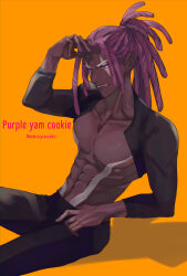 Rule 34 | 1boy, artist name, bad id, bad twitter id, character name, clenched teeth, commentary, cookie run, dark-skinned male, dark skin, dreadlocks, highres, humanization, male focus, muscular, muscular male, nekoyasiki33, personification, purple eyes, purple yam cookie, signature, simple background, solo, symbol-only commentary, teeth