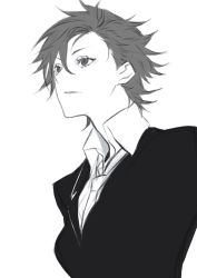 Rule 34 | 1girl, androgynous, formal, greyscale, highres, kisaragi mao, male focus, miwa shirow, monochrome, necktie, psycho-pass, short hair, sketch, solo, spiked hair, suit, upper body