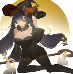 Rule 34 | 1girl, absurdres, bare shoulders, black hair, breasts, broom, candle, fur collar, genshin impact, green eyes, halloween costume, hat, hat ornament, highres, long hair, medium breasts, mona (genshin impact), pantyhose, pumpkin hat ornament, shibuya (kurokamishain), twintails, very long hair, witch, witch hat