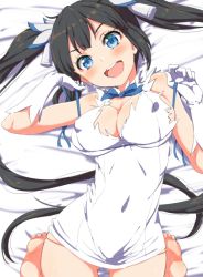 Rule 34 | 10s, 1girl, :d, bare shoulders, barefoot, bed sheet, black hair, blue eyes, blush, bow, bowtie, breasts, clearite, cleavage, cleavage cutout, clothing cutout, covered erect nipples, covered navel, cowboy shot, dress, dungeon ni deai wo motomeru no wa machigatteiru darou ka, feet, female focus, from above, gloves, hair ornament, hair ribbon, happy, head tilt, hestia (danmachi), large breasts, long hair, looking at viewer, lying, on back, on bed, open mouth, rei no himo, ribbon, short dress, sideboob, smile, soles, solo, strap pull, twintails, very long hair, white dress, white gloves