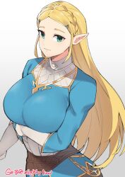 Rule 34 | 1girl, arm under breasts, blonde hair, braid, breasts, commentary, english commentary, ge-b, gloves, green eyes, hair ornament, hairclip, highres, large breasts, light smile, long hair, looking at viewer, nintendo, pants, parted bangs, pointy ears, princess zelda, sidelocks, smile, solo, the legend of zelda, the legend of zelda: breath of the wild