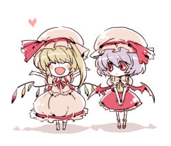 Rule 34 | 2girls, :d, \o/, ^ ^, arms up, bat wings, chibi, closed eyes, cosplay, costume switch, female focus, flandre scarlet, flandre scarlet (cosplay), happy, heart, lan. (pixiv), looking at another, low wings, lowres, multiple girls, open mouth, outstretched arms, remilia scarlet, remilia scarlet (cosplay), ryuuzaki (ereticent), short hair, siblings, simple background, sisters, smile, touhou, white background, wings