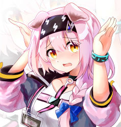 Rule 34 | 1girl, absurdres, akusamu, animal ears, arknights, arms up, black hairband, blue bow, bow, braid, cat ears, cat girl, coat, floppy ears, goldenglow (arknights), hair between eyes, hairband, highres, id card, infection monitor (arknights), jacket, lightning bolt print, multicolored clothes, multicolored coat, multicolored jacket, pink coat, pink hair, pink jacket, print hairband, rabbit pose, scottish fold, side braid, two-tone coat, two-tone jacket, upper body, yellow eyes