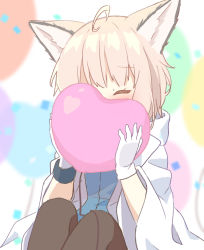 Rule 34 | 1girl, absurdres, ahoge, animal ear fluff, animal ears, arknights, black pantyhose, blue shirt, blush, brown hair, closed eyes, facing viewer, feet out of frame, gloves, hands up, heart, highres, holding, holding heart, jacket, knees up, long sleeves, open clothes, open jacket, pantyhose, ryoku sui, shirt, sitting, solo, sussurro (arknights), white gloves, white jacket, wide sleeves