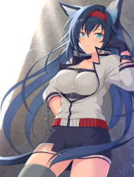 Rule 34 | 1girl, animal ear fluff, animal ears, arknights, black gloves, black shorts, blaze (arknights), blue eyes, blue hair, breasts, cleavage, closed mouth, collarbone, commentary request, gloves, grey thighhighs, hair between eyes, hairband, hand up, jacket, kaiware-san, long hair, long sleeves, looking at viewer, medium breasts, red hairband, shirt, short shorts, shorts, single thighhigh, smile, solo, tail, thighhighs, very long hair, white jacket, white shirt