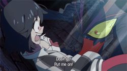 Rule 34 | 10s, 1girl, animated, animated gif, black hair, blue eyes, blush, colored sclera, flat chest, groping, kill la kill, matoi ryuuko, nipples, nude filter, open clothes, open mouth, red eyes, senketsu, subtitled, sweatdrop, text focus, third-party edit, yellow sclera