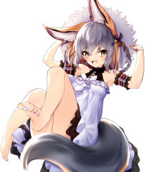 Rule 34 | 1girl, absurdres, animal costume, animal ear fluff, animal ears, barefoot, belt, dress, fox ears, fox girl, fox tail, grey hair, hat, highres, island fox (kemono friends), kemono friends, kemono friends v project, long hair, looking at viewer, multicolored hair, open mouth, orange hair, rascala39, ribbon, simple background, smile, solo, sundress, tail, virtual youtuber, yellow eyes