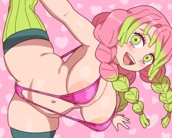 Rule 34 | 1girl, alternate height, areola slip, arm at side, arm up, bent over, blush, braid, breasts, embarrassed, feet out of frame, female focus, from side, green hair, green thighhighs, happy, kabeume, kanroji mitsuri, kimetsu no yaiba, large breasts, leg hold, leg up, long hair, looking at viewer, looking to the side, low twin braids, matching hair/eyes, multicolored hair, navel, one-piece swimsuit, open mouth, outstretched arm, pink background, pink hair, pink one-piece swimsuit, plump, shortstack, simple background, slingshot swimsuit, smile, solo, split, standing, standing on one leg, swimsuit, teeth, thighhighs, thighs, tongue, twin braids, two-tone hair, wide hips