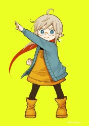 Rule 34 | 1girl, ahoge, ankle boots, aoi umetaro, arm up, blue cardigan, boots, buttons, cardigan, clenched hand, commentary request, dress, earrings, elf, elf to shuryoushi no item koubou, floating hair, floating scarf, full body, glasses, glint, grey hair, henshin pose, highres, jewelry, kamen rider, legs apart, long hair, long sleeves, looking at viewer, magritte (elf to shuryoushi no item koubou), orange dress, orange footwear, pointy ears, ponytail, red scarf, scarf, sidelocks, solo, standing, straight-on, twitter username, yellow background