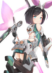 Rule 34 | 1girl, absurdres, ass, backless outfit, bare shoulders, black hair, black thighhighs, blush, closed mouth, gloves, green eyes, green footwear, green shirt, green shorts, grey gloves, headgear, highres, holding, holding sword, holding weapon, katana, kobi (piliheros2000), light frown, looking at viewer, looking back, mecha musume, original, shirt, shoe soles, shoes, short hair, short shorts, shorts, single glove, sleeveless, sleeveless shirt, solo, swept bangs, sword, thighhighs, two-handed, weapon
