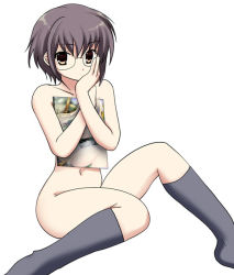 Rule 34 | 00s, 1girl, collarbone, covering privates, covering breasts, eyebrows, glasses, grey socks, hand on own cheek, hand on own face, kneehighs, looking at viewer, nagato yuki, namamo nanase, navel, no shoes, nude, painting (object), purple hair, short hair, simple background, sitting, socks, solo, stomach, suzumiya haruhi no yuuutsu, white background, yellow eyes