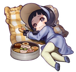 Rule 34 | 1girl, :t, = (9 yawbus), biscuit (bread), black gloves, black hair, blunt bangs, blush, buttons, cardigan, closed mouth, commentary request, creatures (company), cushion, dress, eating, eyelashes, food, food on face, game freak, gloves, grey cardigan, grey dress, grey eyes, grey footwear, grey headwear, highres, holding, holding food, long sleeves, lying, nintendo, on side, pantyhose, pokemon, pokemon sv, poppy (pokemon), sad, shoes, short hair, tearing up, tin (container), visor cap, white background, yellow pantyhose