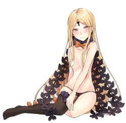 Rule 34 | 1girl, abigail williams (fate), abigail williams (second ascension) (fate), asymmetrical legwear, bad id, bad pixiv id, black bow, black hat, black panties, black thighhighs, blonde hair, blush, bow, breasts, closed mouth, collarbone, commentary request, fate/grand order, fate (series), full body, hat, hat bow, head tilt, keyhole, long hair, looking at viewer, mizoredama, no shoes, orange bow, panties, parted bangs, red eyes, revealing clothes, simple background, single thighhigh, sitting, small breasts, smile, solo, thighhighs, topless, underwear, underwear only, uneven legwear, very long hair, white background, witch hat, yokozuwari