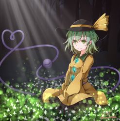 Rule 34 | 1girl, artist name, baileys (tranquillity650), black hat, bow, closed eyes, commentary request, dark background, frilled shirt, frills, green eyes, green hair, green skirt, hair between eyes, hat, hat bow, highres, komeiji koishi, light rays, long sleeves, looking at viewer, medium hair, shirt, signature, sitting, skirt, sleeves past wrists, solo, third eye, touhou, tree, yellow shirt