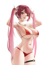 Rule 34 | 1girl, absurdres, armpits, arms up, bare shoulders, bikini, blush, breasts, bunching hair, collarbone, earrings, hair ornament, heterochromia, highres, holding, hololive, houshou marine, houshou marine (summer), jewelry, kou (kokounene), large breasts, long hair, looking at viewer, navel, o-ring, o-ring bikini, open mouth, red bikini, red eyes, red hair, sidelocks, simple background, skindentation, smile, solo, standing, string bikini, sunglasses, swimsuit, thighs, twintails, virtual youtuber, white background, yellow eyes