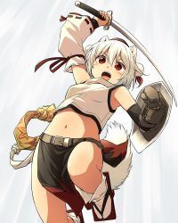 Rule 34 | 1girl, animal ears, bare shoulders, crop top, detached sleeves, geta, hat, highres, inubashiri momiji, midriff, navel, pelvic curtain, pom pom (clothes), red eyes, shield, short hair, solo, sword, tail, tokin hat, touhou, weapon, white hair, wolf ears, wolf tail, yudepii