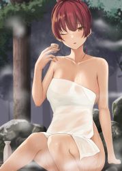 Rule 34 | 1girl, alternate hairstyle, bare shoulders, blunt bangs, blush, bottle, breasts, collarbone, commentary request, covering privates, cup, forest, highres, holding, holding cup, hololive, houshou marine, large breasts, looking at viewer, naked towel, nature, nude cover, one eye closed, onsen, outdoors, red eyes, red hair, sitting, solo, steam, towel, virtual youtuber, wet, yamikyon