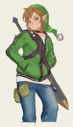 Rule 34 | 1boy, alternate costume, cropped legs, denim, green eyes, green hat, green jacket, grin, hands in pockets, hat, highres, ivy (sena0119), jacket, jeans, link, long sleeves, nintendo, pants, pointy ears, pouch, simple background, smile, solo, teeth, the legend of zelda, weapon, weapon on back, white background
