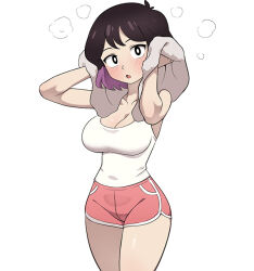 Rule 34 | 1girl, black hair, breasts, cleavage, collarbone, cowboy shot, hilda (series), holding, holding towel, kaisa (hilda), large breasts, light blush, looking at viewer, mangamaster, multicolored hair, purple hair, red shorts, shorts, simple background, solo, standing, steam, tank top, towel, white background, white tank top