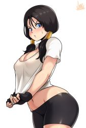 Rule 34 | 1girl, bike shorts, black gloves, black hair, blue eyes, blush, breasts, cameltoe, cleavage, cleft of venus, cowboy shot, dragonball z, fingerless gloves, gloves, hair tubes, highres, jmg, large breasts, looking at viewer, midriff, navel, no bra, parted lips, shirt, short sleeves, simple background, solo, sweat, twintails, videl, white background, white shirt