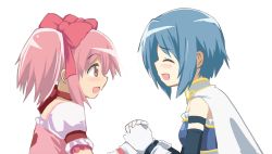 Rule 34 | 10s, 2girls, bare shoulders, blue hair, blush, bow, cape, closed eyes, face-to-face, gloves, hair bow, hair ornament, hairclip, hangaku, holding hands, kaname madoka, mahou shoujo madoka magica, mahou shoujo madoka magica (anime), miki sayaka, multiple girls, own hands together, pink hair, profile, short hair, transparent background, twintails