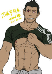 Rule 34 | 1boy, abs, bara, black hair, clothes lift, free (soul eater), highres, koji (wildlhz), male focus, muscular, nipples, pectorals, pointy ears, pubic hair, scar, shirt lift, smile, solo, soul eater, undressing