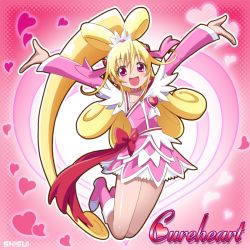 Rule 34 | 1girl, :d, aida mana, artist name, blonde hair, blush, boots, bow, brooch, character name, cure heart, dokidoki! precure, eyelashes, half updo, heart, heart brooch, knee boots, long hair, magical girl, open mouth, outstretched arms, pink background, pink bow, pink eyes, pink footwear, ponytail, precure, ribbon, shisui, skirt, smile, solo, very long hair