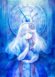 Rule 34 | 1girl, blue theme, cat, clock, doll joints, eyelashes, holding, joints, lips, original, painting (medium), rinko (artist), rinko (mg54), roman numeral, solo, traditional media, watch, watercolor (medium), white eyes