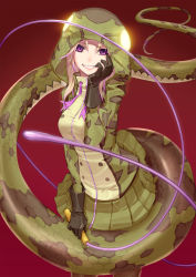 Rule 34 | 1girl, african rock python (kemono friends), animal print, black gloves, blonde hair, commentary request, don3, drawstring, fangs, gloves, glowing, green skirt, grin, hand on own cheek, hand on own face, hand up, highres, holding, holding whip, hood, hood up, hooded jacket, jacket, kemono friends, long hair, long sleeves, looking at viewer, miniskirt, multicolored hair, pantyhose, pink hair, pleated skirt, print jacket, purple eyes, skirt, smile, snake print, snake tail, solo, tail, twisted torso, two-tone hair, whip, zipper
