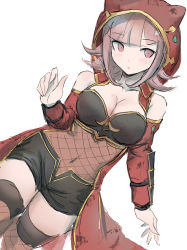 Rule 34 | 1girl, arm guards, artist name, bare shoulders, blush, breasts, cleavage, collarbone, danganronpa (series), danganronpa 2: goodbye despair, dutch angle, eyelashes, fishnet thighhighs, fishnets, flipped hair, hand up, highres, hood, large breasts, looking to the side, midriff, mole, mole on breast, nanami chiaki, navel, open fly, pink eyes, pink hair, qosic, see-through, sengoku asuka zero, short hair, shorts, simple background, solo, thighhighs, white background