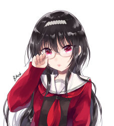 Rule 34 | 1girl, alternate hair color, black hair, cardigan, commentary request, glasses, hairband, highres, idolmaster, idolmaster cinderella girls, idolmaster cinderella girls starlight stage, kurosaki chitose, long hair, looking at viewer, neckerchief, red cardigan, red eyes, red neckerchief, sailor collar, school uniform, serafuku, sleeves past wrists, solo, soubimonogatari507, upper body, white background