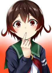 Rule 34 | 1girl, artist name, blue jacket, brown hair, crescent, crescent pin, dated, finger to mouth, gradient background, gradient hair, green sailor collar, highres, jacket, kamelie, kantai collection, looking at viewer, multicolored hair, mutsuki (kancolle), mutsuki kai ni (kancolle), neckerchief, orange background, red hair, red neckerchief, sailor collar, school uniform, serafuku, short hair, signature, solo, upper body