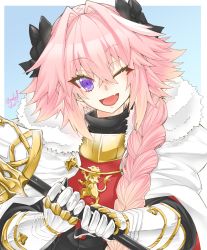Rule 34 | 1boy, armor, astolfo (fate), black bow, bow, braid, cloak, commentary request, fang, fate/apocrypha, fate (series), fur-trimmed cloak, fur collar, fur trim, hair bow, hair intakes, haoro, highres, holding, holding sword, holding weapon, lion print, long braid, long hair, looking at viewer, male focus, multicolored hair, one eye closed, open mouth, pink hair, purple eyes, signature, single braid, skin fang, smile, solo, streaked hair, sword, trap, weapon