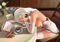 Rule 34 | 1girl, absurdres, aircraft, airplane, azur lane, bare shoulders, biscuit (bread), breasts, chair, chaye mo, commentary request, cup, detached collar, dress, elbow gloves, english text, gloves, hair tubes, happy birthday, head on table, highres, illustrious (azur lane), lace trim, large breasts, letter, long hair, sitting, sleeping, strapless, strapless dress, table, teacup, thighhighs, translation request, white dress, white gloves, white hair, white thighhighs