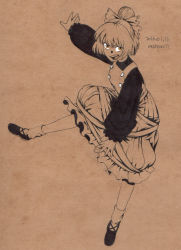 Rule 34 | 1girl, artist name, bow, brown background, buttons, dated, dress, frilled dress, frills, full body, hair bow, highres, kurodani yamame, long sleeves, loose socks, monochrome, mushroom (osh320), open mouth, outstretched arms, ponytail, puffy long sleeves, puffy sleeves, short hair, simple background, socks, solo, spot color, touhou, yellow eyes