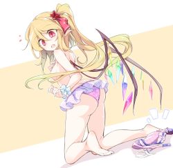 Rule 34 | 1girl, :o, ass, bare legs, barefoot, bikini, unworn bikini top, blonde hair, blush, breasts, commentary request, crystal, dutch angle, fang, flandre scarlet, full body, fumitsuki (minaduki 6), hair between eyes, hair censor, hair ribbon, hand on own chest, kneeling, long hair, looking at viewer, medium breasts, no headwear, one side up, open mouth, pink bikini, plaid, plaid bikini, pointy ears, red eyes, red ribbon, ribbon, shadow, sidelocks, solo, swimsuit, thighs, topless, touhou, two-tone background, unmoving pattern, very long hair, white background, wings, wrist cuffs, yellow background