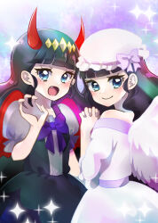 Rule 34 | 2girls, :d, absurdres, angel, angel wings, black dress, black hair, blue eyes, blunt bangs, bow, closed mouth, commentary, delicious party precure, demon costume, demon horns, demon wings, dress, dual persona, fang, hair ornament, halloween, halloween costume, hat, hat bow, highres, horns, interlocked fingers, kasai amane, long hair, looking at viewer, looking back, mob cap, multiple girls, nekoko (nekonekonya), off-shoulder dress, off shoulder, open mouth, own hands together, precure, puffy short sleeves, puffy sleeves, purple bow, red horns, red wings, short sleeves, smile, sparkle, standing, white dress, white headwear, wings