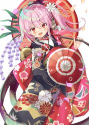 1girl bad_id bad_pixiv_id blush commentary_request female_focus floral_print flower flower_request hair_between_eyes hair_flower hair_ornament harusame_(kancolle) highres holding holding_umbrella japanese_clothes kantai_collection kimono lajhen2651 long_hair open_mouth petals pink_hair red_eyes side_ponytail sidelocks smile solo umbrella white_background